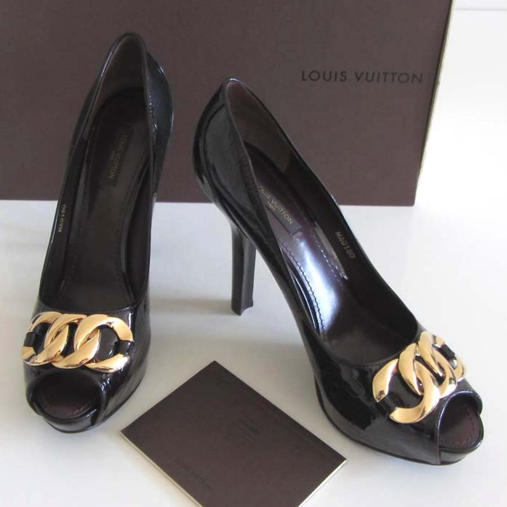 new LOUIS VUITTON Monogram Vernis chain peep toe pumps 8.5 US 38.5 - Picture 3 of 13